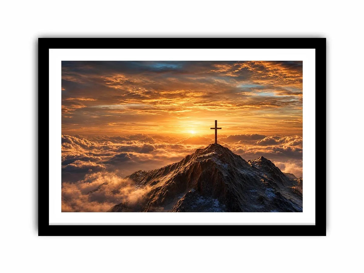 mountain cross canvas art with golden sunrise for peaceful decor.