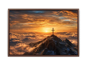 mountain cross canvas art with golden sunrise for peaceful decor.