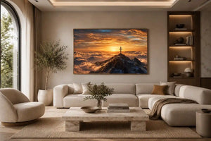 mountain cross canvas art with golden sunrise for peaceful decor.