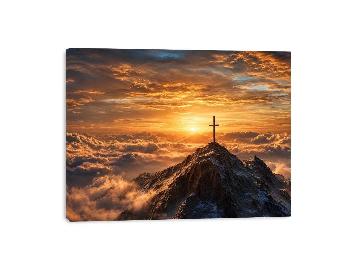 mountain cross canvas art with golden sunrise for peaceful decor.