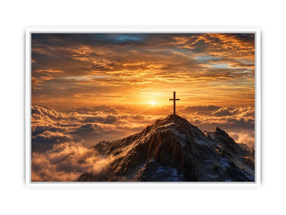 mountain cross canvas art with golden sunrise for peaceful decor.