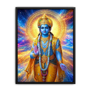 Lord Vishnu canvas art with cosmic blue and gold light for spiritual decor.