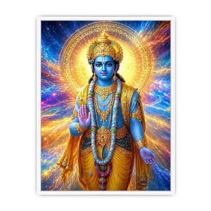 Lord Vishnu canvas art with cosmic blue and gold light for spiritual decor.