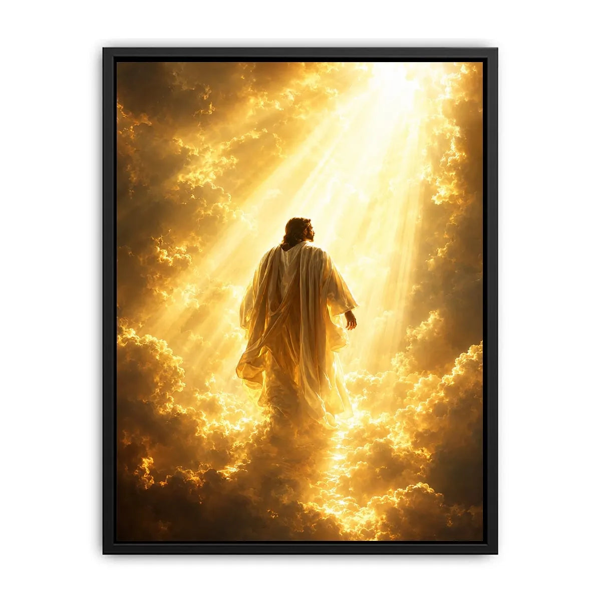 Vertical golden religious canvas art with heavenly clouds for bedroom decor.