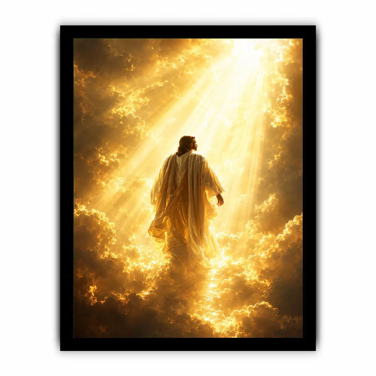 Vertical golden religious canvas art with heavenly clouds for bedroom decor.