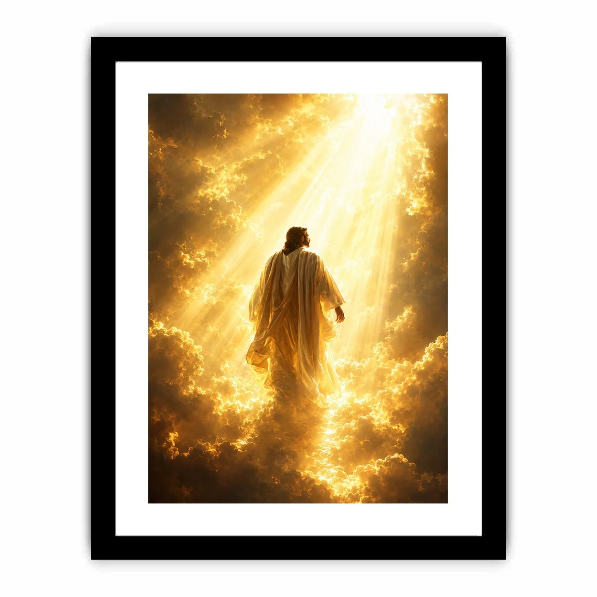 Vertical golden religious canvas art with heavenly clouds for bedroom decor.