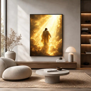 Vertical golden religious canvas art with heavenly clouds for bedroom decor.