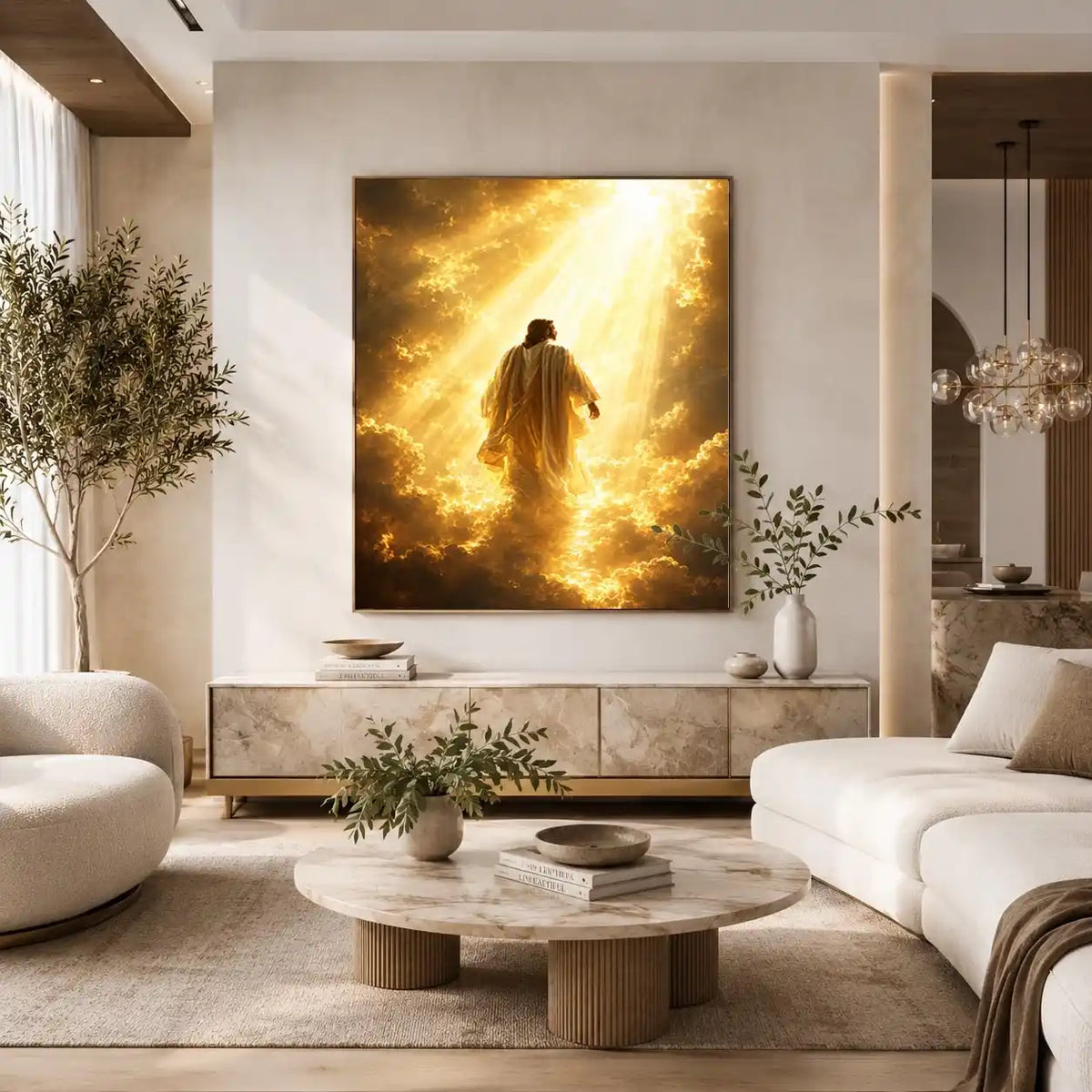 Vertical golden religious canvas art with heavenly clouds for bedroom decor.