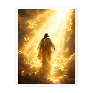 Vertical golden religious canvas art with heavenly clouds for bedroom decor.