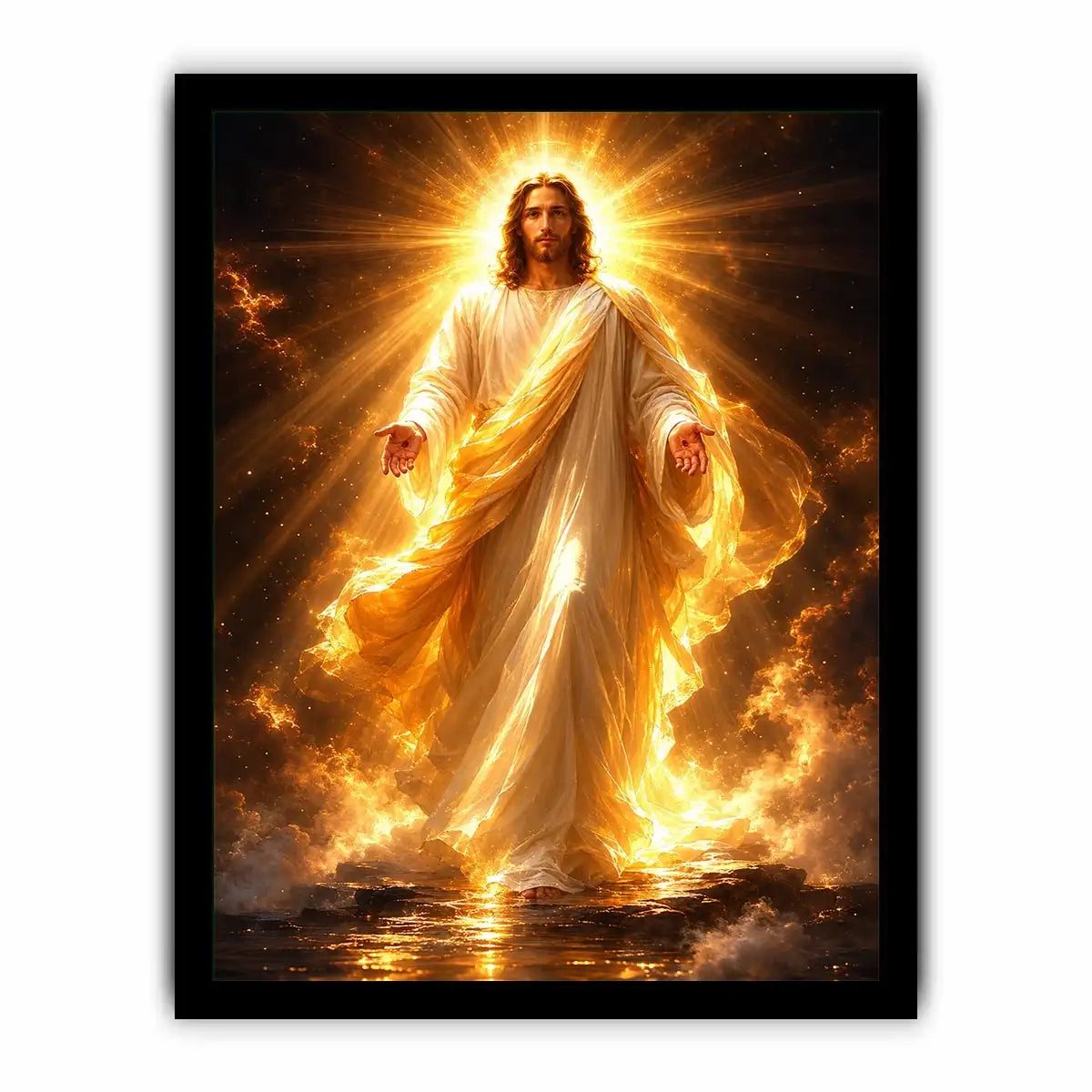 Radiant Jesus canvas art with golden light for spiritual living room decor.