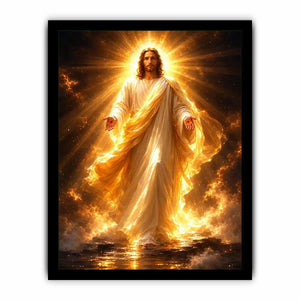 Radiant Jesus canvas art with golden light for spiritual living room decor.