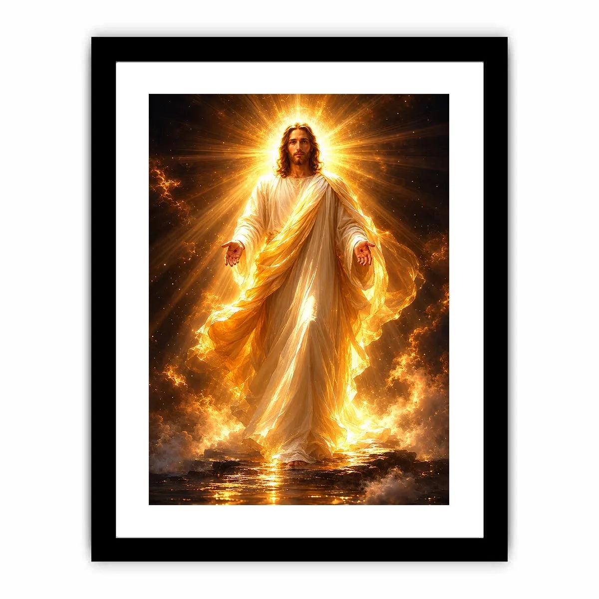 Radiant Jesus canvas art with golden light for spiritual living room decor.