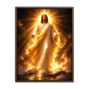 Radiant Jesus canvas art with golden light for spiritual living room decor.