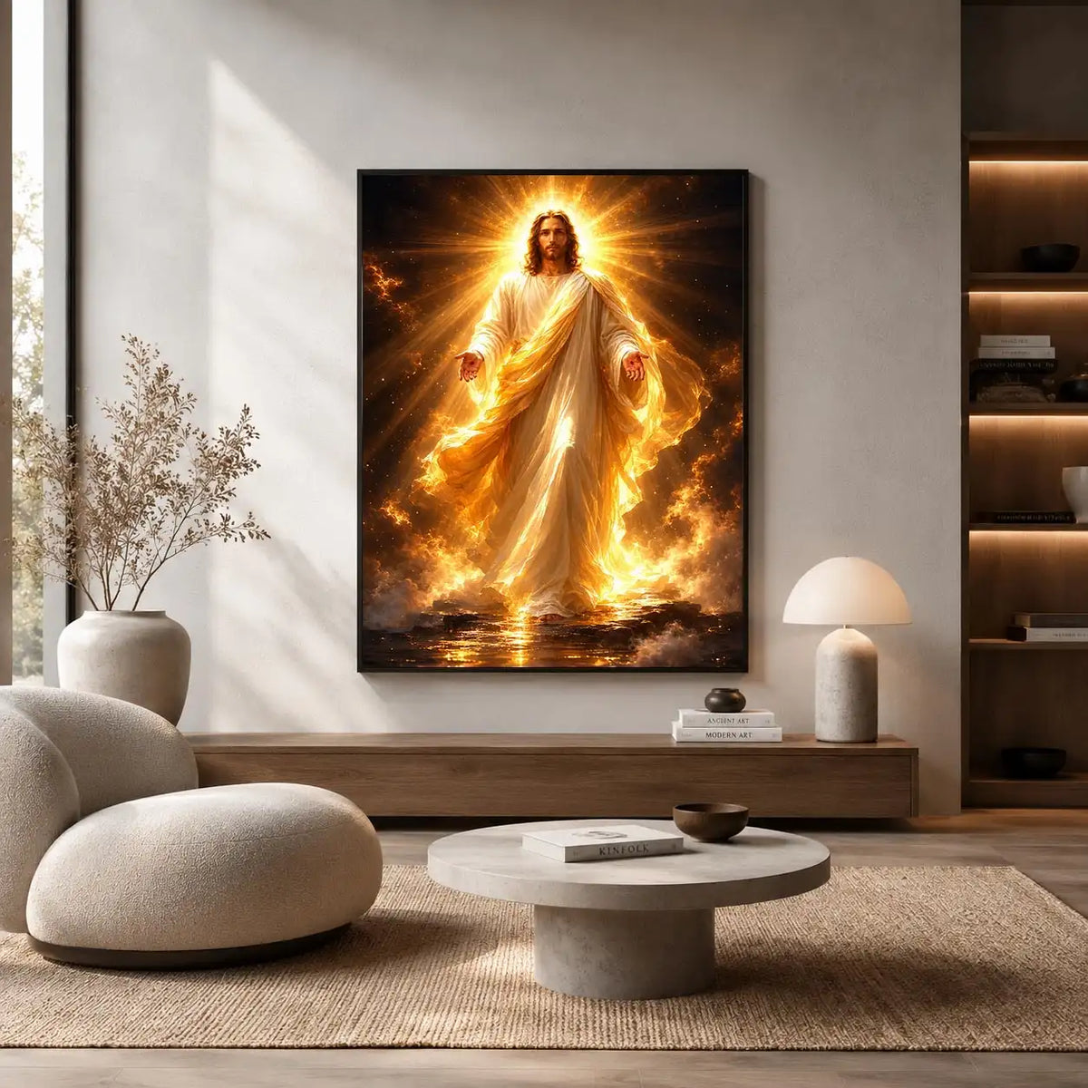 Radiant Jesus canvas art with golden light for spiritual living room decor.