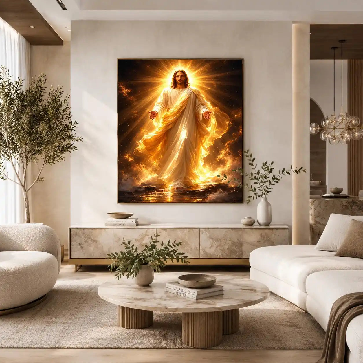 Radiant Jesus canvas art with golden light for spiritual living room decor.