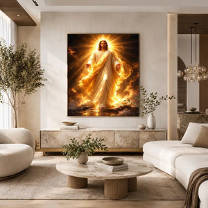 Radiant Jesus canvas art with golden light for spiritual living room decor.