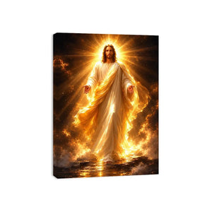 Radiant Jesus canvas art with golden light for spiritual living room decor.