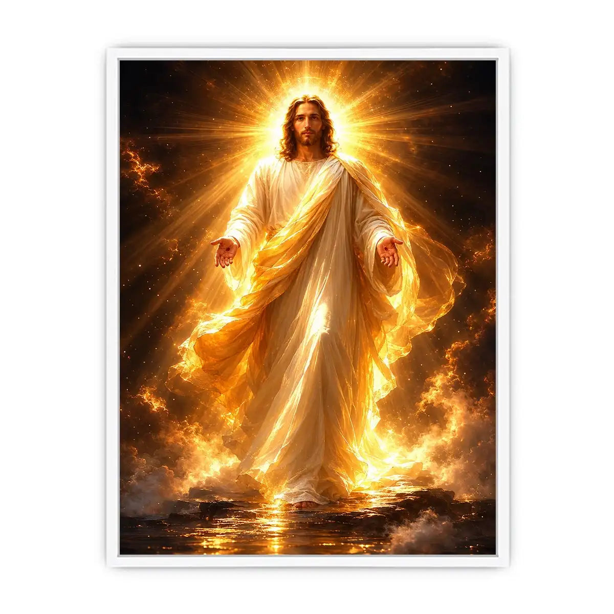 Radiant Jesus canvas art with golden light for spiritual living room decor.