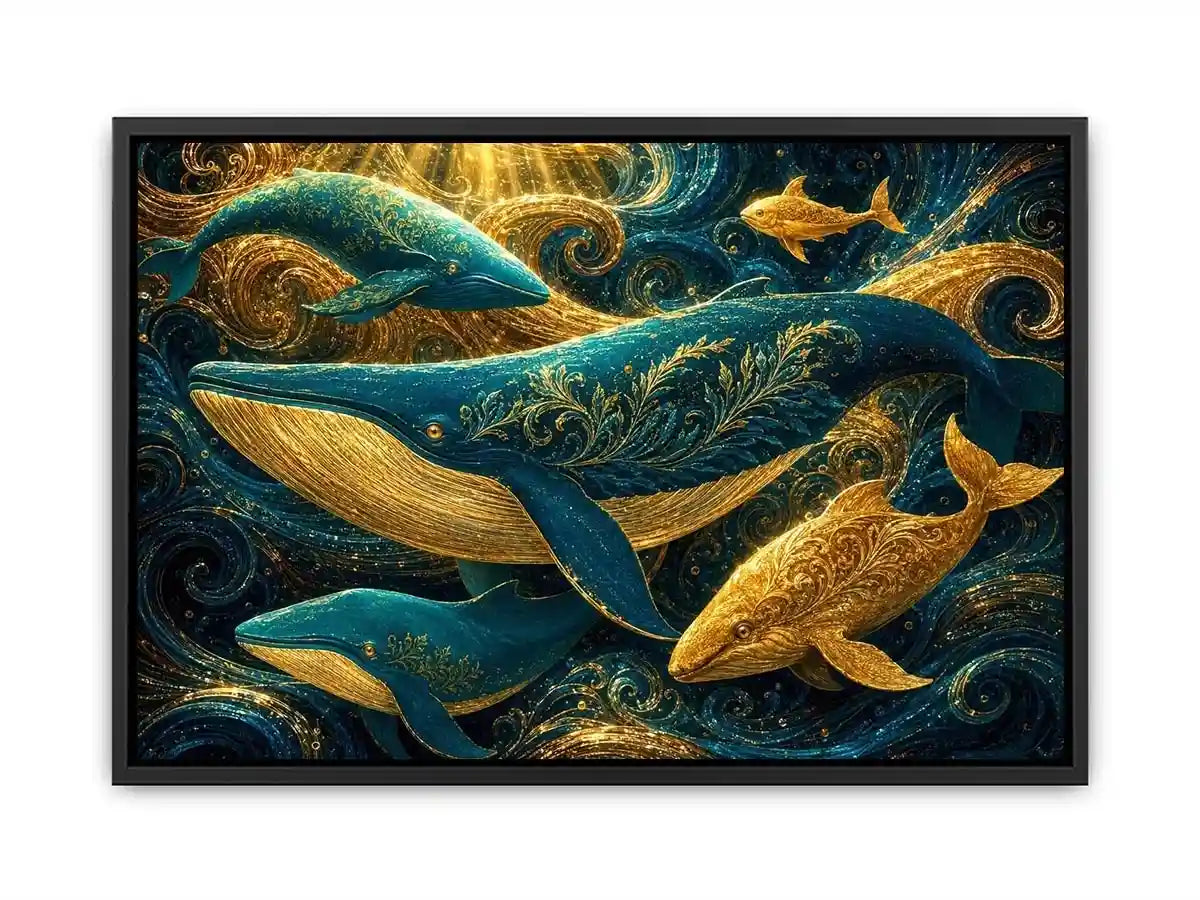 Teal and gold whale canvas art for coastal living room decor.