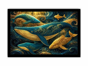 Teal and gold whale canvas art for coastal living room decor.