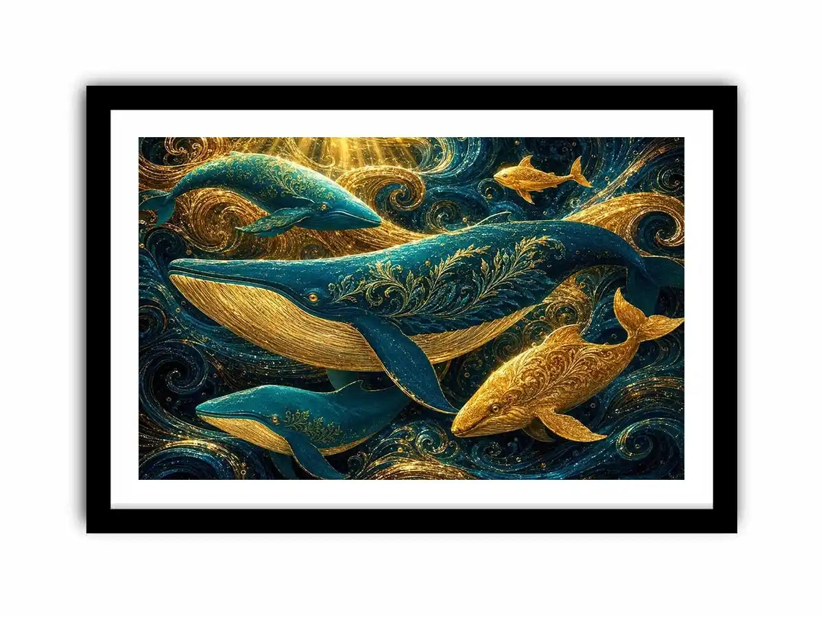 Teal and gold whale canvas art for coastal living room decor.