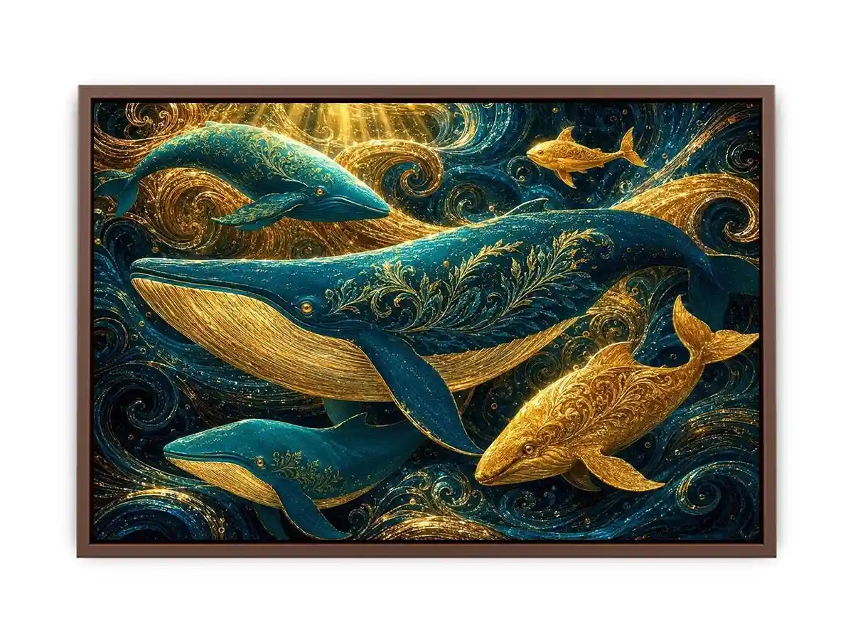 Teal and gold whale canvas art for coastal living room decor.
