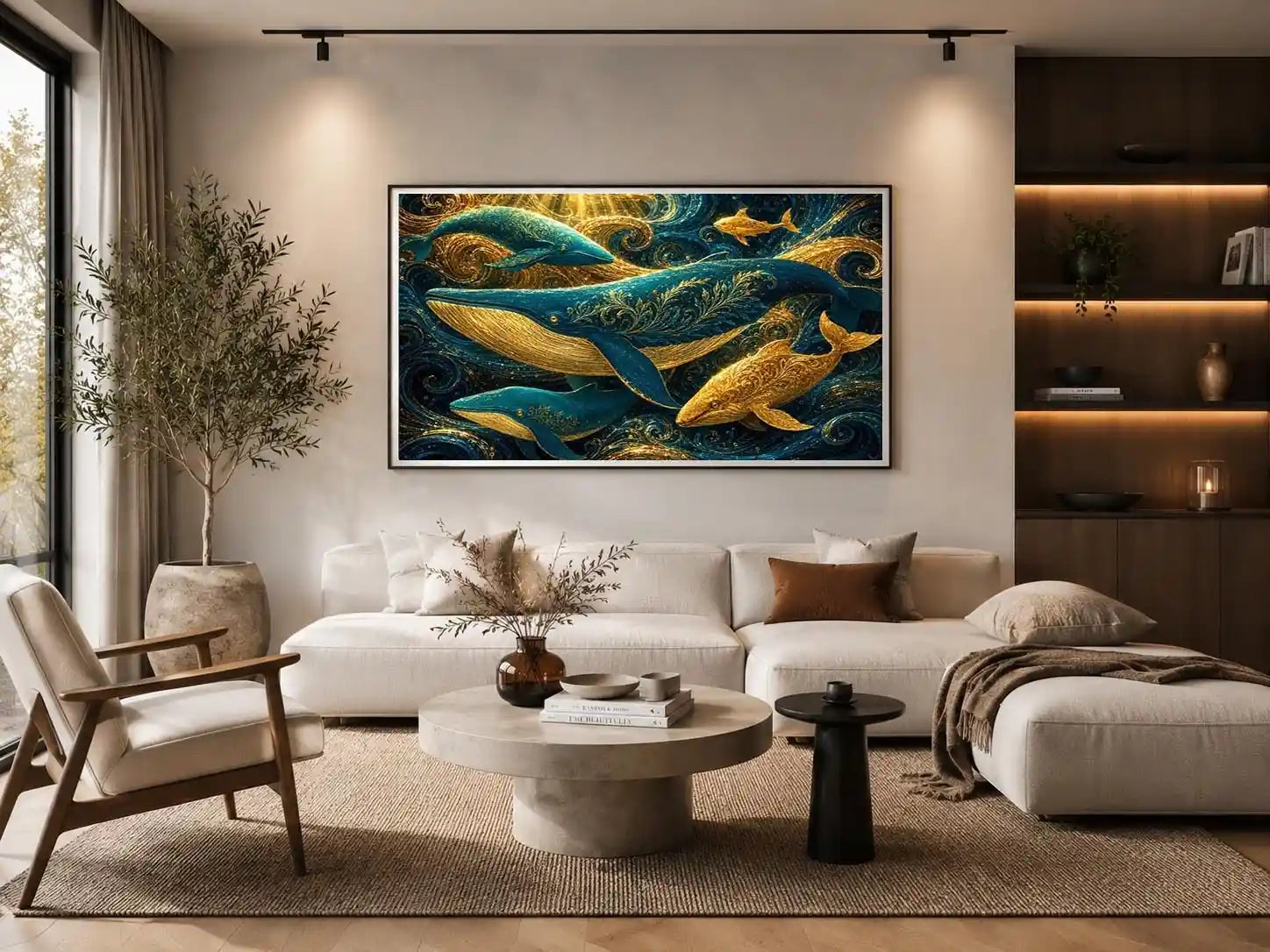 Teal and gold whale canvas art for coastal living room decor.