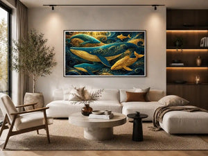 Teal and gold whale canvas art for coastal living room decor.