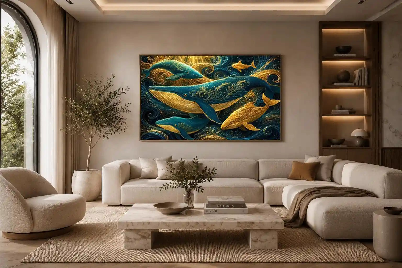 Teal and gold whale canvas art for coastal living room decor.