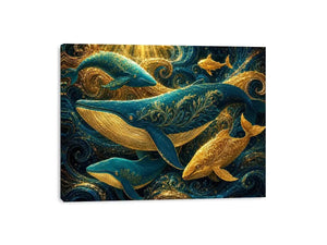 Teal and gold whale canvas art for coastal living room decor.
