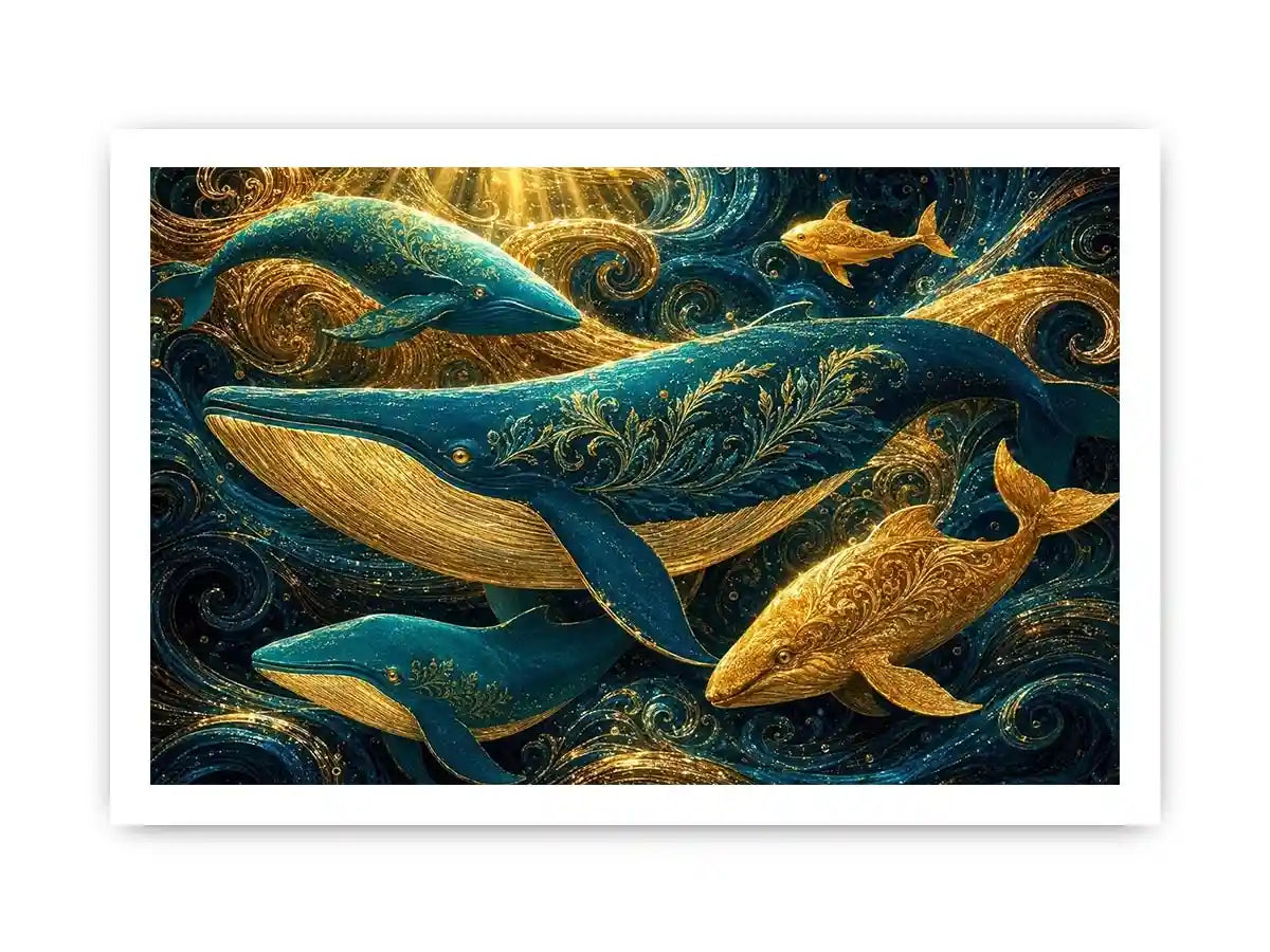 Teal and gold whale canvas art for coastal living room decor.