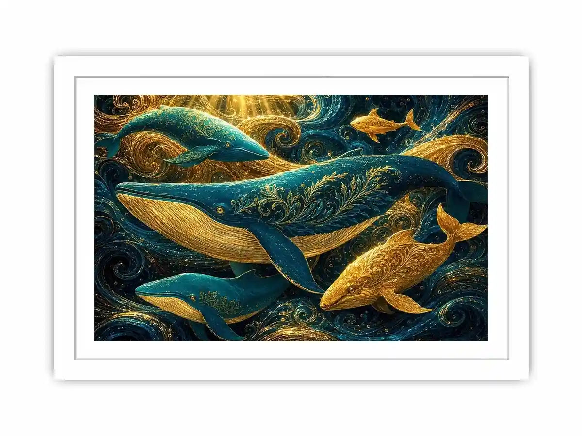 Teal and gold whale canvas art for coastal living room decor.