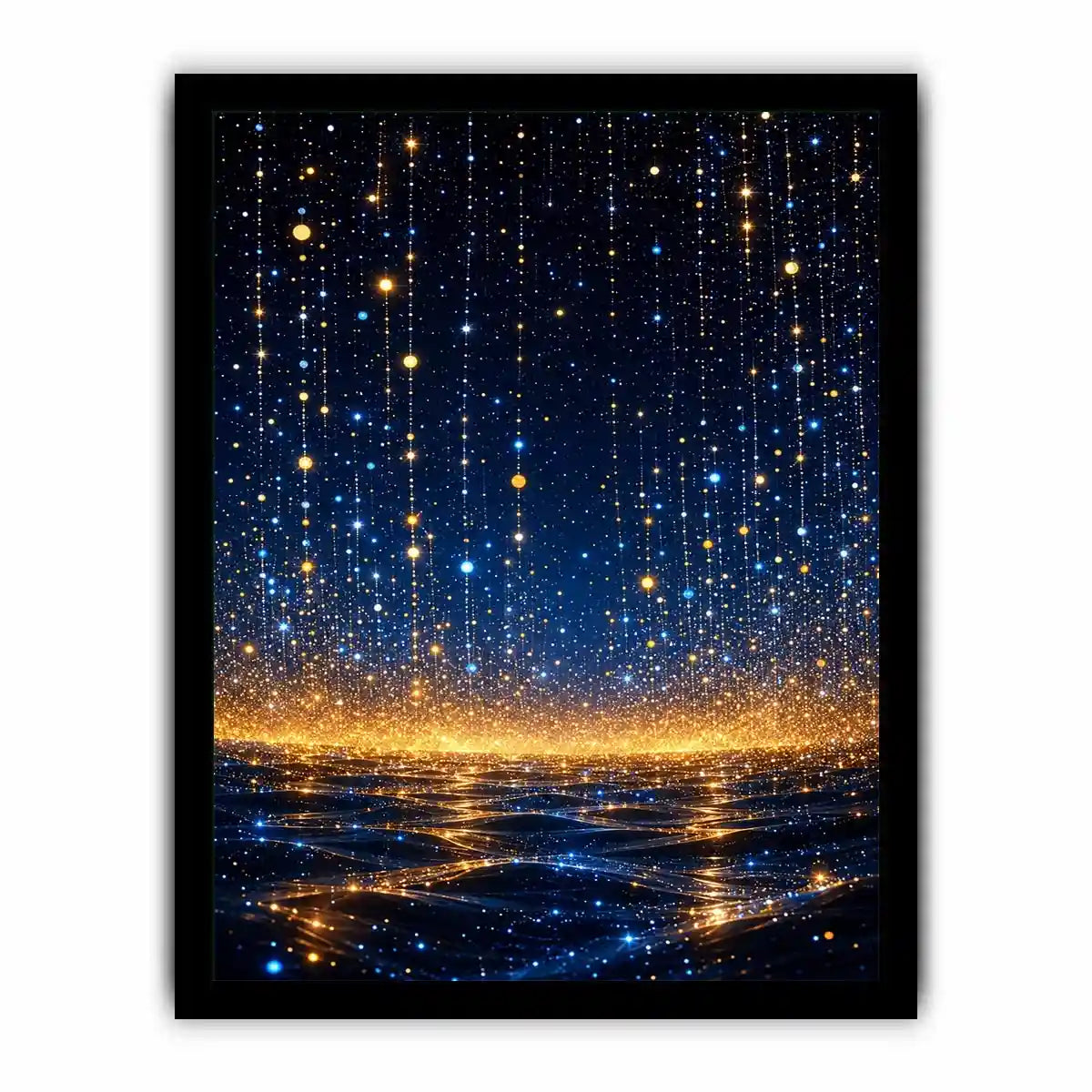 Vertical blue and gold abstract light canvas for modern bedroom decor.