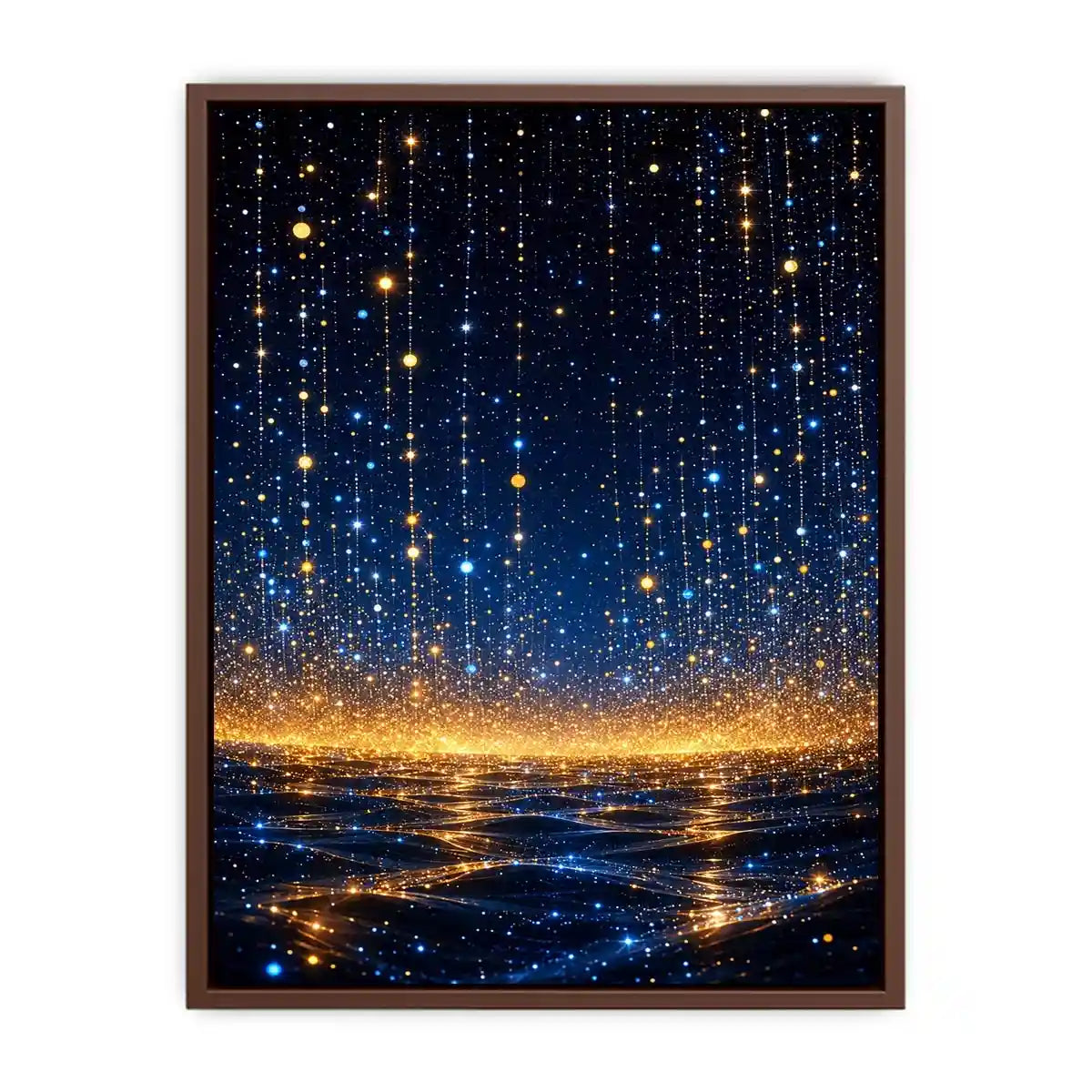 Vertical blue and gold abstract light canvas for modern bedroom decor.