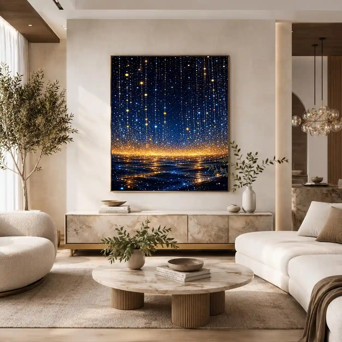 Vertical blue and gold abstract light canvas for modern bedroom decor.