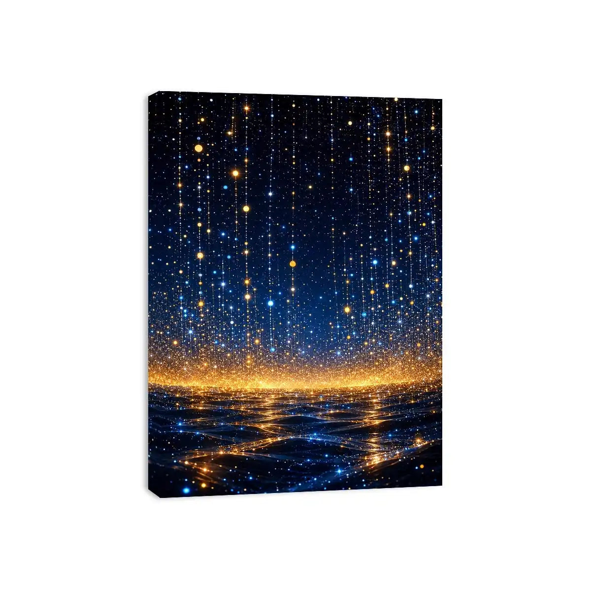 Vertical blue and gold abstract light canvas for modern bedroom decor.