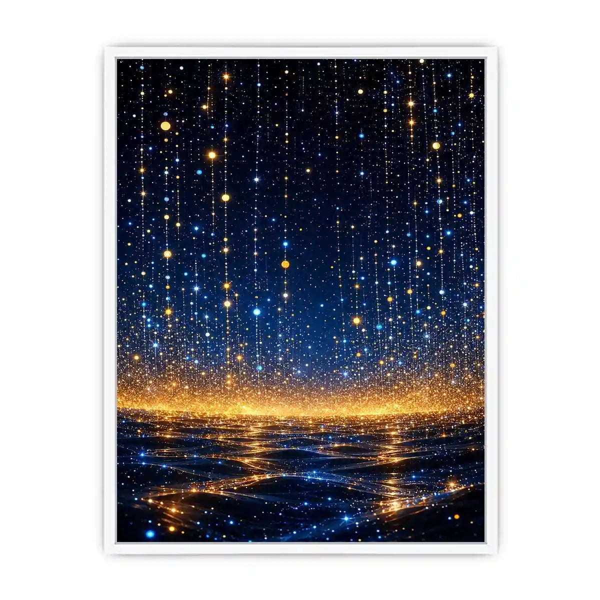 Vertical blue and gold abstract light canvas for modern bedroom decor.