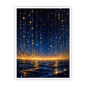 Vertical blue and gold abstract light canvas for modern bedroom decor.