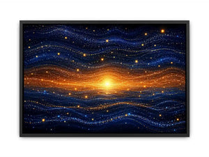 Horizontal blue and gold abstract horizon canvas for modern living room decor.