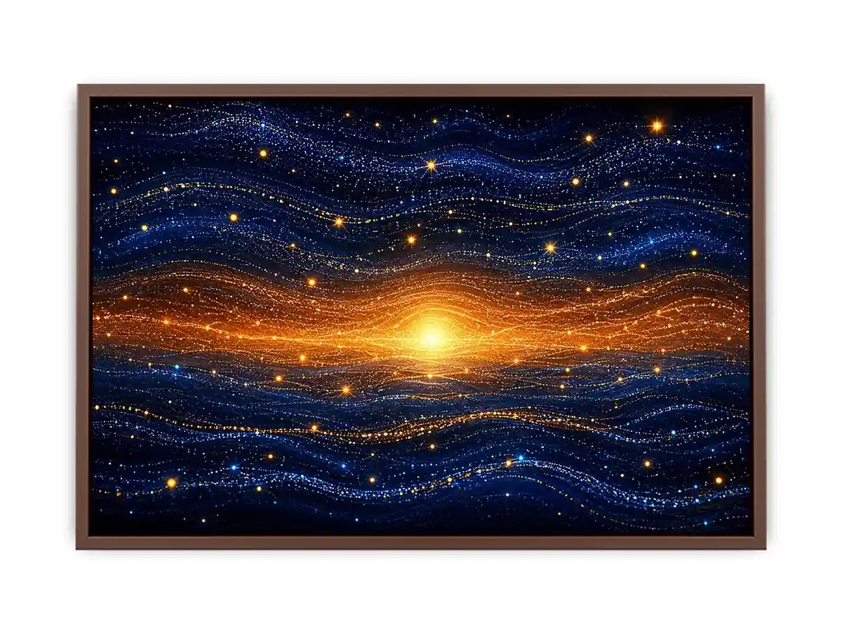 Horizontal blue and gold abstract horizon canvas for modern living room decor.