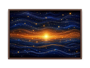 Horizontal blue and gold abstract horizon canvas for modern living room decor.