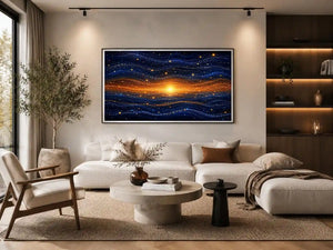 Horizontal blue and gold abstract horizon canvas for modern living room decor.