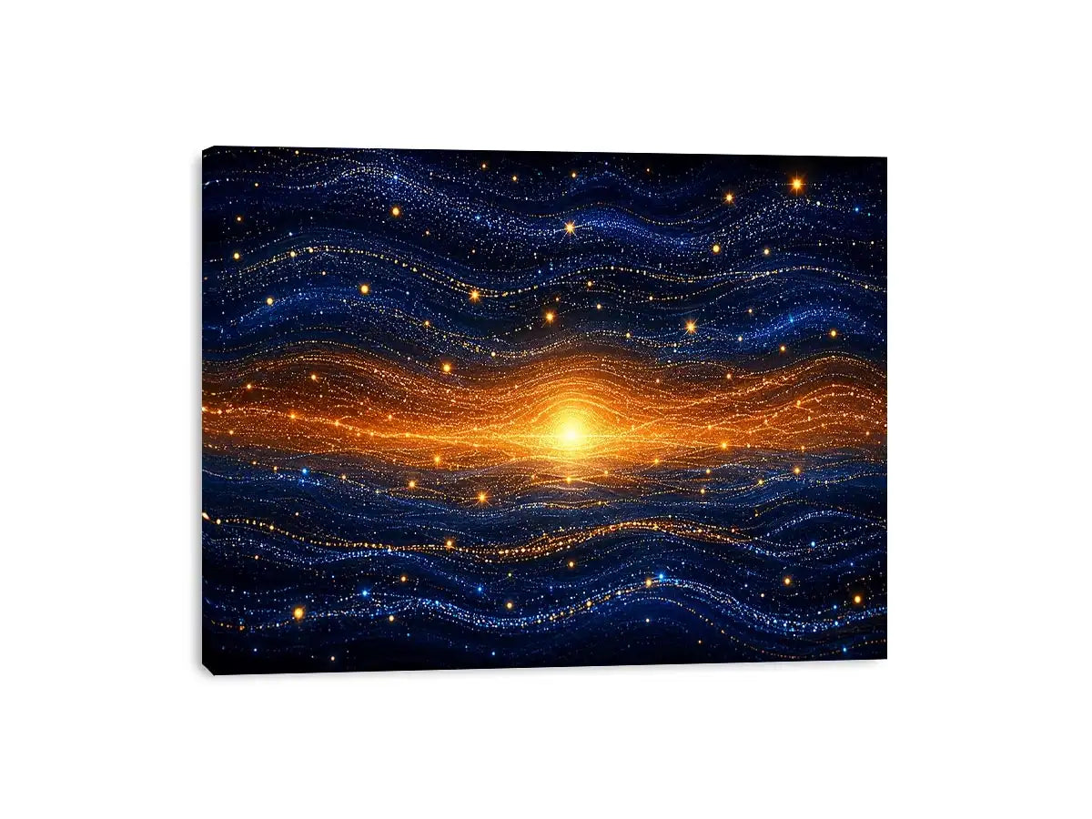 Horizontal blue and gold abstract horizon canvas for modern living room decor.