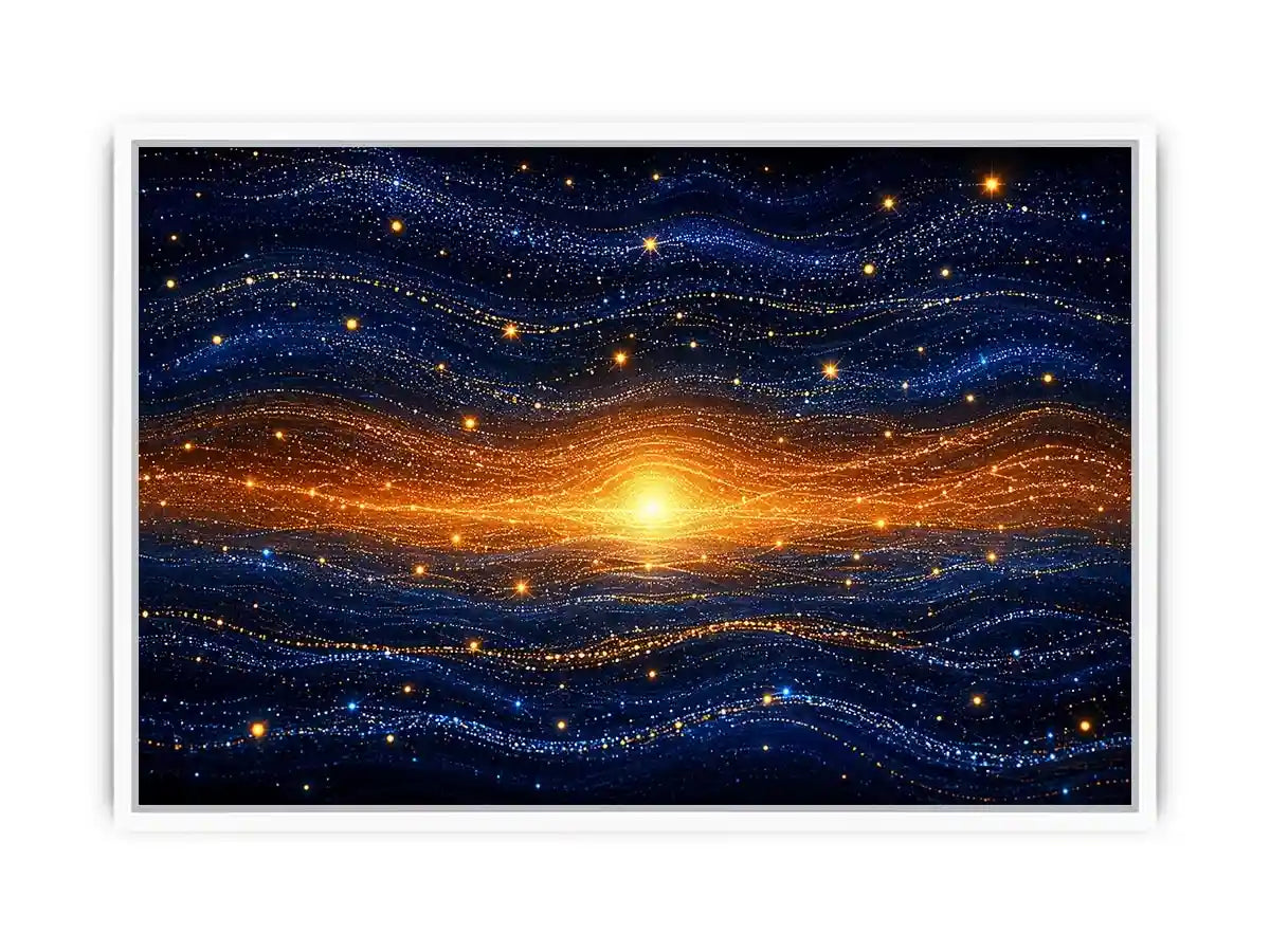Horizontal blue and gold abstract horizon canvas for modern living room decor.