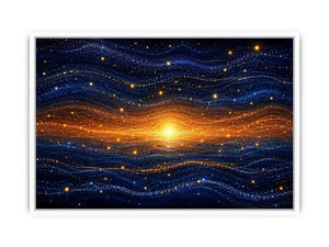 Horizontal blue and gold abstract horizon canvas for modern living room decor.