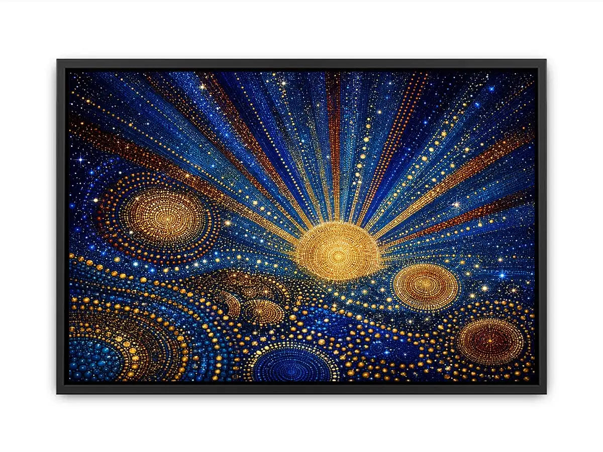 Blue and gold galaxy mosaic canvas art for modern living room decor.