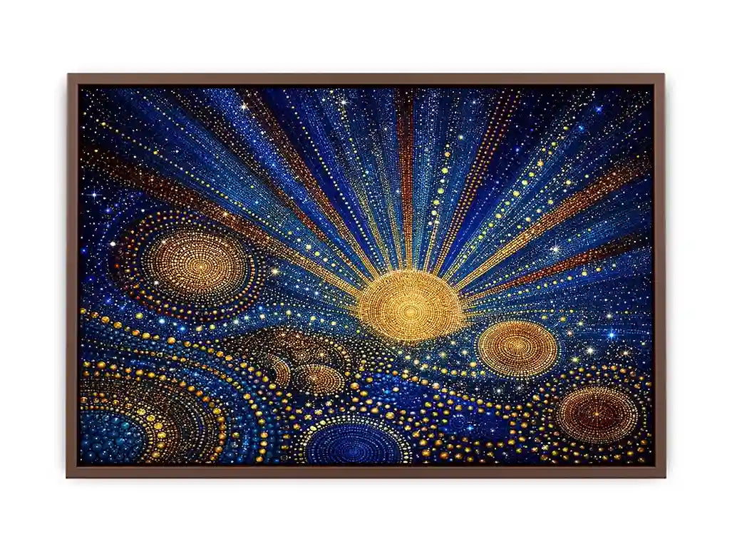 Blue and gold galaxy mosaic canvas art for modern living room decor.
