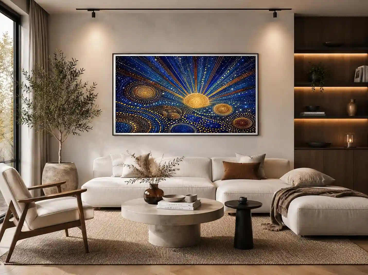 Blue and gold galaxy mosaic canvas art for modern living room decor.
