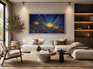 Blue and gold galaxy mosaic canvas art for modern living room decor.