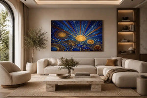 Blue and gold galaxy mosaic canvas art for modern living room decor.